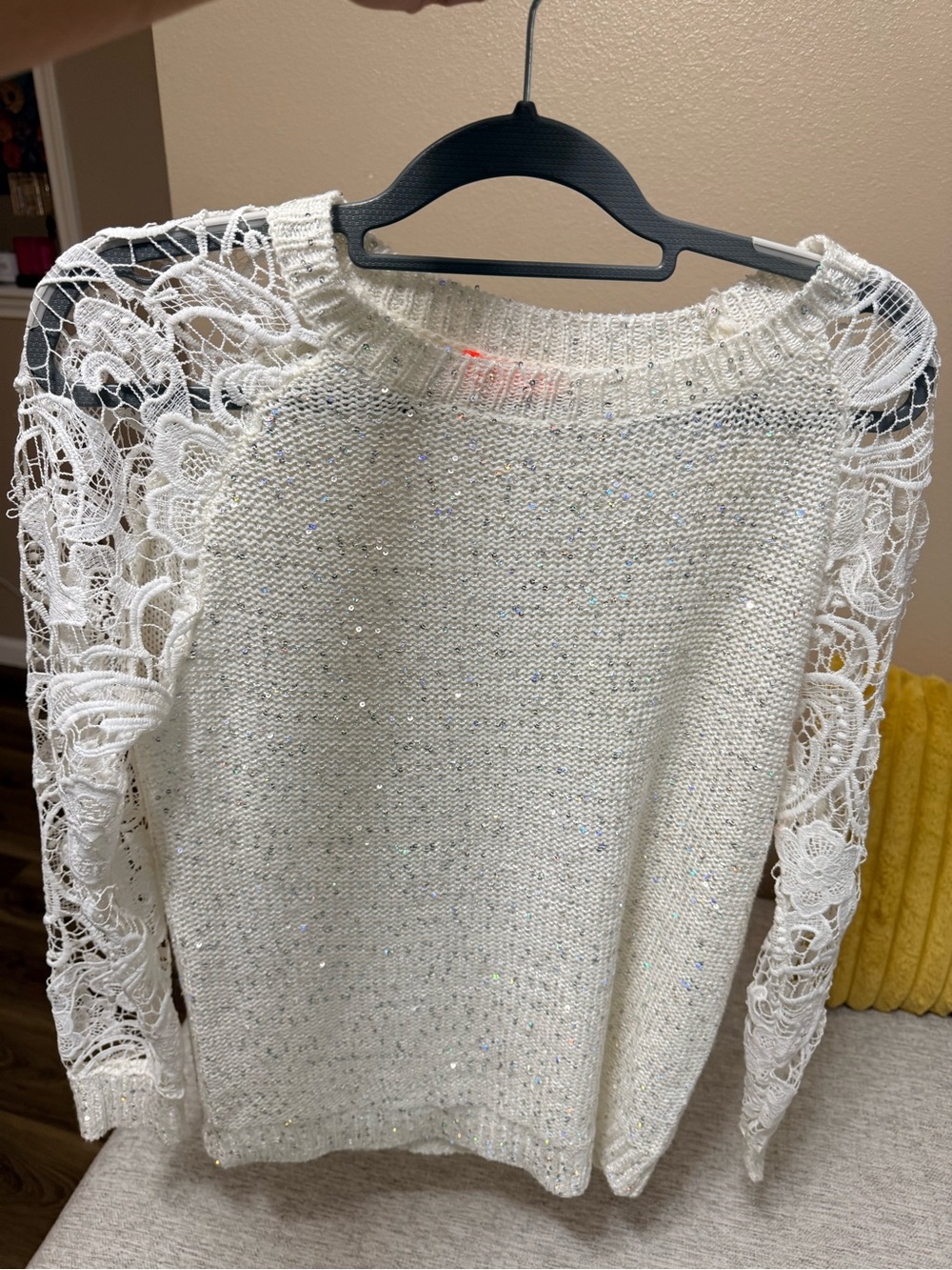 Banjul Cream Lace-Sleeve Crewneck Sweater with Sparkle